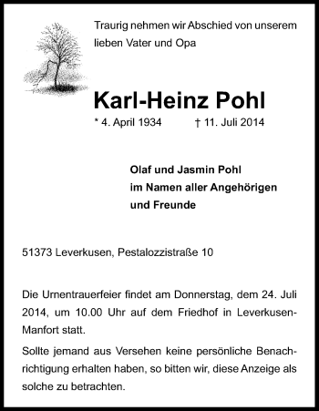 Anzeige von Karl-Heinz Pohl von Kölner Stadt-Anzeiger / Kölnische Rundschau / Express