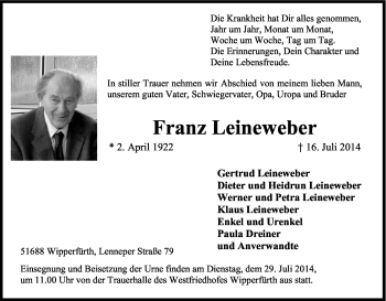 Anzeige von Franz Leineweber von Kölner Stadt-Anzeiger / Kölnische Rundschau / Express