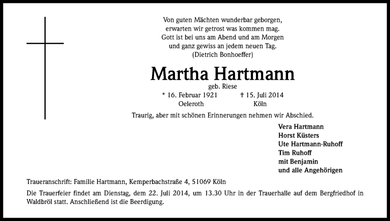  Traueranzeige für Martha Hartmann vom 19.07.2014 aus Kölner Stadt-Anzeiger / Kölnische Rundschau / Express