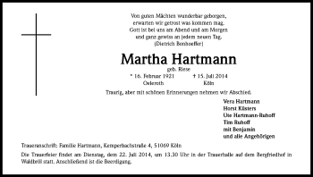 Anzeige von Martha Hartmann von Kölner Stadt-Anzeiger / Kölnische Rundschau / Express