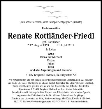 Anzeige von Renate Rottländer-Friedl von Kölner Stadt-Anzeiger / Kölnische Rundschau / Express