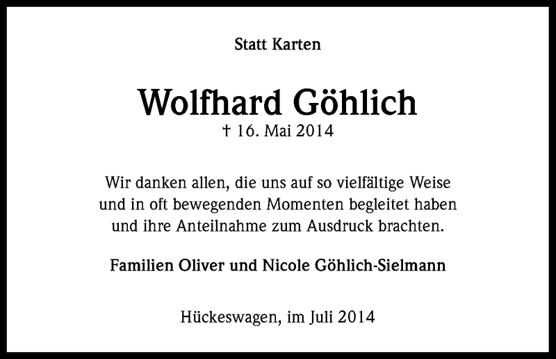  Traueranzeige für Wolfhard Göhlich vom 19.07.2014 aus Kölner Stadt-Anzeiger / Kölnische Rundschau / Express
