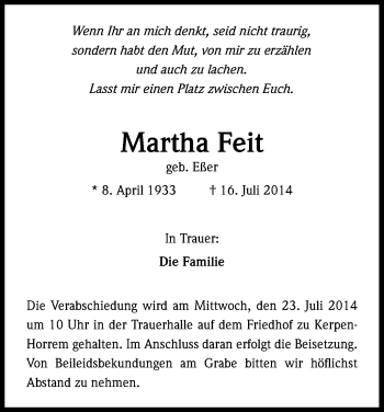 Anzeige von Martha Feit von Kölner Stadt-Anzeiger / Kölnische Rundschau / Express