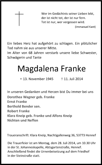 Anzeige von Magdalena Franke von Kölner Stadt-Anzeiger / Kölnische Rundschau / Express