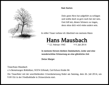 Anzeige von Hans Mausbach von Kölner Stadt-Anzeiger / Kölnische Rundschau / Express