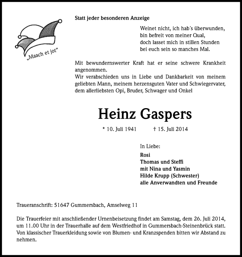  Traueranzeige für Heinz Gaspers vom 19.07.2014 aus Kölner Stadt-Anzeiger / Kölnische Rundschau / Express