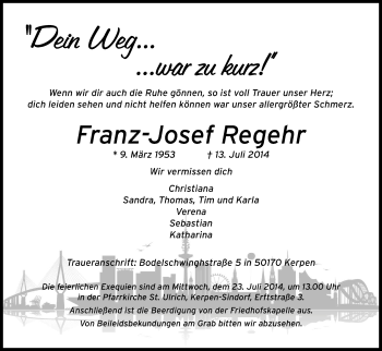 Anzeige von Franz-Josef Regehr von Kölner Stadt-Anzeiger / Kölnische Rundschau / Express