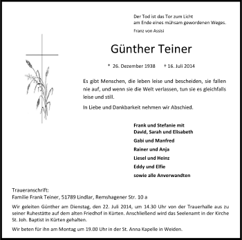 Anzeige von Günther Teiner von Kölner Stadt-Anzeiger / Kölnische Rundschau / Express