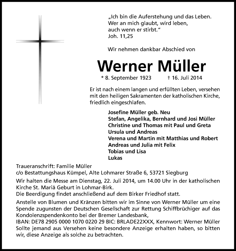  Traueranzeige für Werner Müller vom 19.07.2014 aus Kölner Stadt-Anzeiger / Kölnische Rundschau / Express