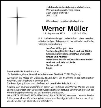 Anzeige von Werner Müller von Kölner Stadt-Anzeiger / Kölnische Rundschau / Express