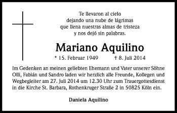 Anzeige von Mariano Aquilino von Kölner Stadt-Anzeiger / Kölnische Rundschau / Express