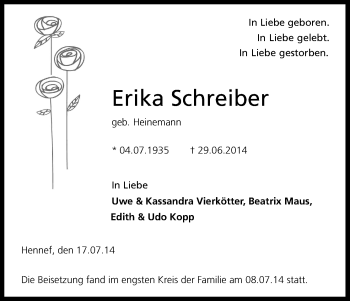 Anzeige von Erika Schreiber von Kölner Stadt-Anzeiger / Kölnische Rundschau / Express