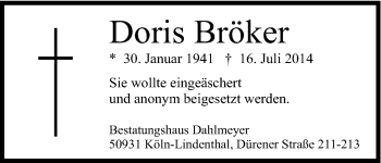 Anzeige von Doris Bröker von Kölner Stadt-Anzeiger / Kölnische Rundschau / Express