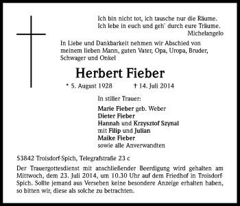 Anzeige von Herbert Fieber von Kölner Stadt-Anzeiger / Kölnische Rundschau / Express