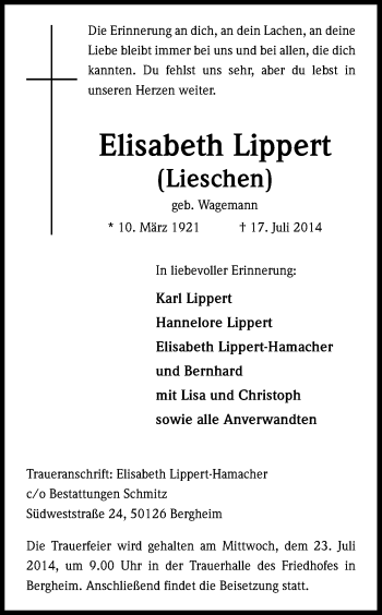 Anzeige von Elisabeth Lippert von Kölner Stadt-Anzeiger / Kölnische Rundschau / Express