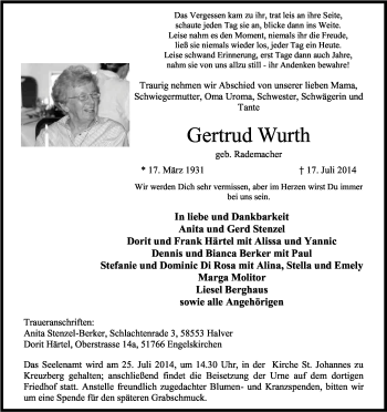 Anzeige von Gertrud Wurth von Kölner Stadt-Anzeiger / Kölnische Rundschau / Express