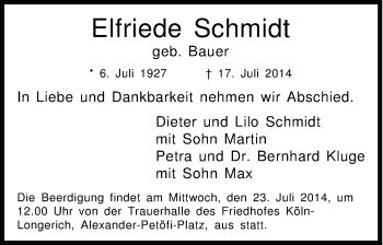 Anzeige von Elfriede Schmidt von Kölner Stadt-Anzeiger / Kölnische Rundschau / Express