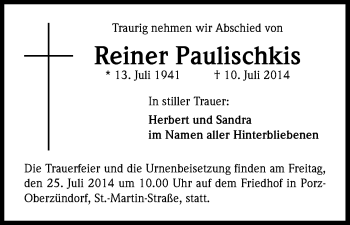 Anzeige von Reiner Paulischkis von Kölner Stadt-Anzeiger / Kölnische Rundschau / Express