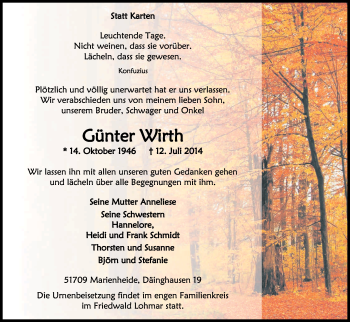 Anzeige von Günter Wirth von Kölner Stadt-Anzeiger / Kölnische Rundschau / Express