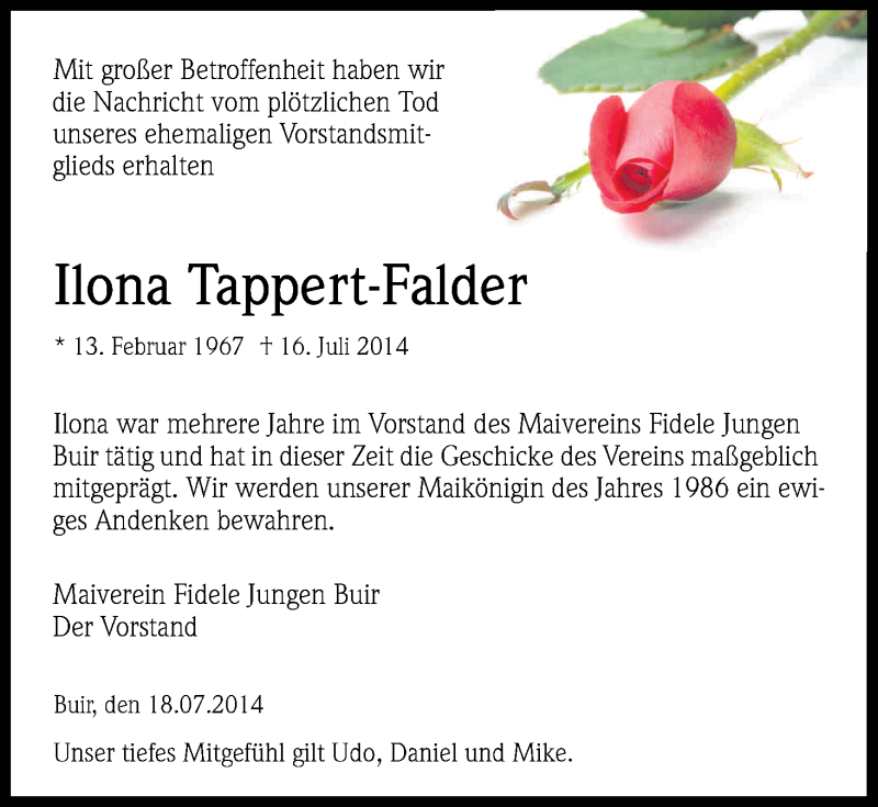  Traueranzeige für Ilona Tappert-Falder vom 19.07.2014 aus Kölner Stadt-Anzeiger / Kölnische Rundschau / Express