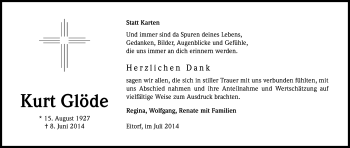 Anzeige von Kurt Glöde von Kölner Stadt-Anzeiger / Kölnische Rundschau / Express