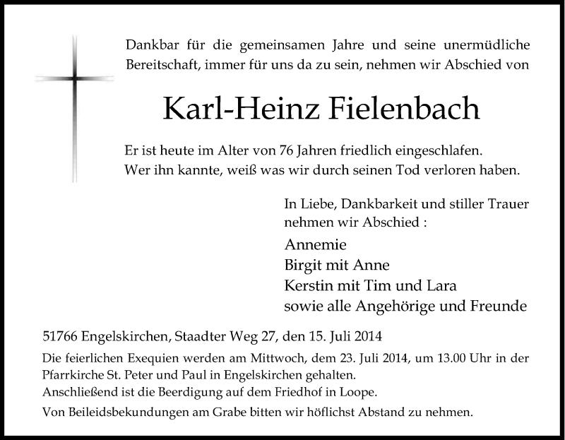  Traueranzeige für Karl-Heinz Fielenbach vom 19.07.2014 aus Kölner Stadt-Anzeiger / Kölnische Rundschau / Express