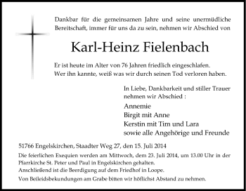 Anzeige von Karl-Heinz Fielenbach von Kölner Stadt-Anzeiger / Kölnische Rundschau / Express