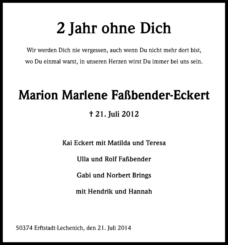  Traueranzeige für Marion Marlene Faßbender-Eckert vom 21.07.2014 aus Kölner Stadt-Anzeiger / Kölnische Rundschau / Express