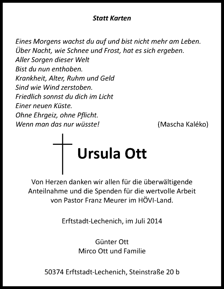  Traueranzeige für Ursula Ott vom 26.07.2014 aus Kölner Stadt-Anzeiger / Kölnische Rundschau / Express