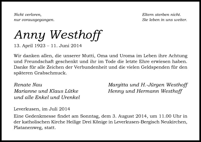  Traueranzeige für Anny Westhoff vom 26.07.2014 aus Kölner Stadt-Anzeiger / Kölnische Rundschau / Express