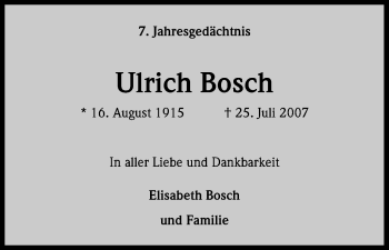 Anzeige von Ulrich Bosch von Kölner Stadt-Anzeiger / Kölnische Rundschau / Express