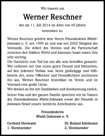 Anzeige von Werner Reschner von Kölner Stadt-Anzeiger / Kölnische Rundschau / Express
