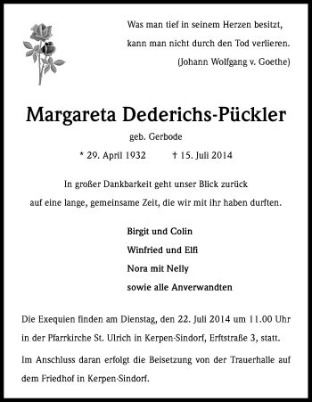 Anzeige von Margareta Dederichs-Pückler von Kölner Stadt-Anzeiger / Kölnische Rundschau / Express