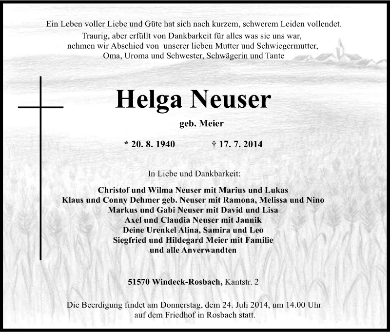  Traueranzeige für Helga Neuser vom 21.07.2014 aus Kölner Stadt-Anzeiger / Kölnische Rundschau / Express