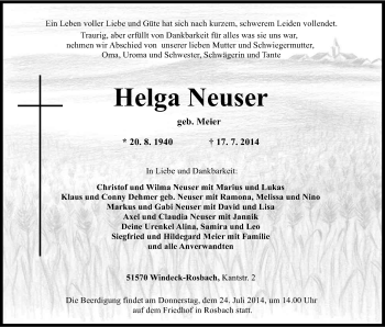 Anzeige von Helga Neuser von Kölner Stadt-Anzeiger / Kölnische Rundschau / Express