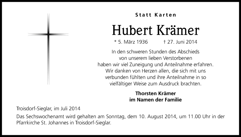  Traueranzeige für Hubert Krämer vom 26.07.2014 aus Kölner Stadt-Anzeiger / Kölnische Rundschau / Express