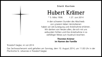 Anzeige von Hubert Krämer von Kölner Stadt-Anzeiger / Kölnische Rundschau / Express