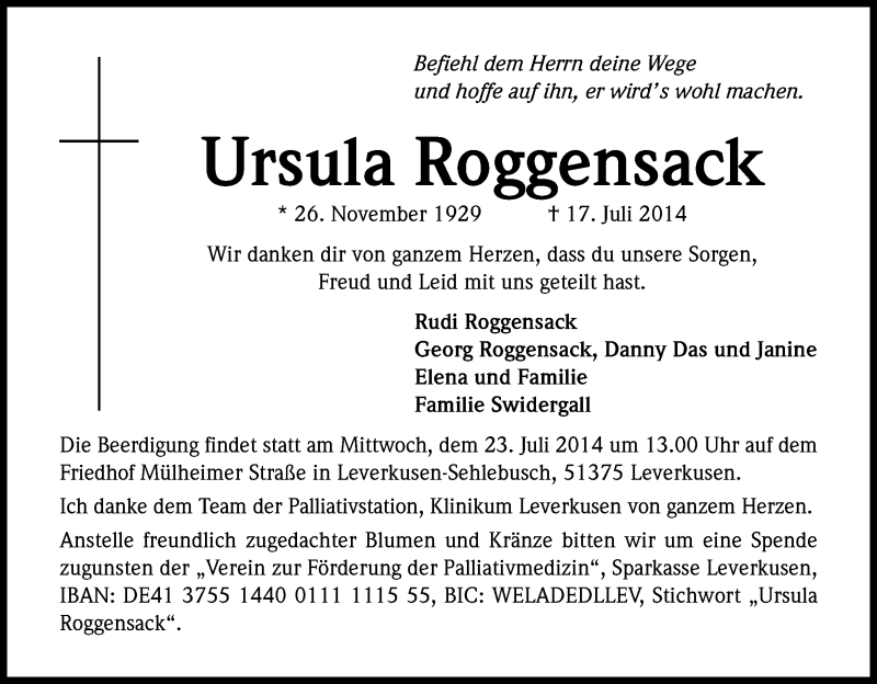  Traueranzeige für Ursula Roggensack vom 21.07.2014 aus Kölner Stadt-Anzeiger / Kölnische Rundschau / Express
