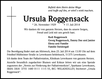 Anzeige von Ursula Roggensack von Kölner Stadt-Anzeiger / Kölnische Rundschau / Express