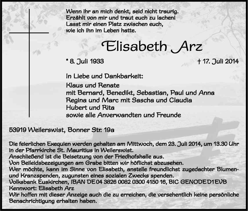  Traueranzeige für Elisabeth Arz vom 21.07.2014 aus Kölner Stadt-Anzeiger / Kölnische Rundschau / Express