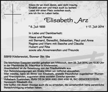 Anzeige von Elisabeth Arz von Kölner Stadt-Anzeiger / Kölnische Rundschau / Express