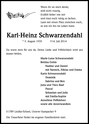 Anzeige von Karl-Heinz Schwarzendahl von Kölner Stadt-Anzeiger / Kölnische Rundschau / Express