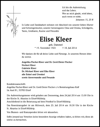 Anzeige von Elise Kleer von Kölner Stadt-Anzeiger / Kölnische Rundschau / Express