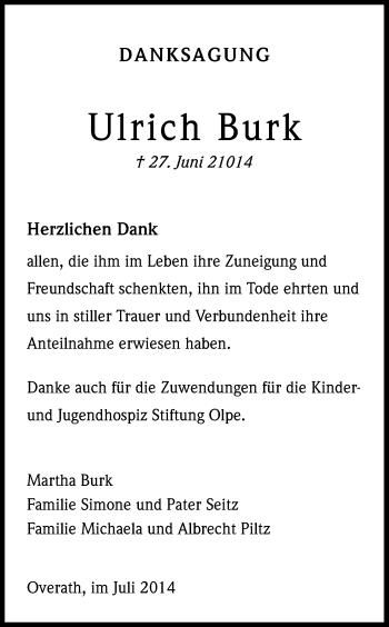 Anzeige von Ulrich Burk von Kölner Stadt-Anzeiger / Kölnische Rundschau / Express