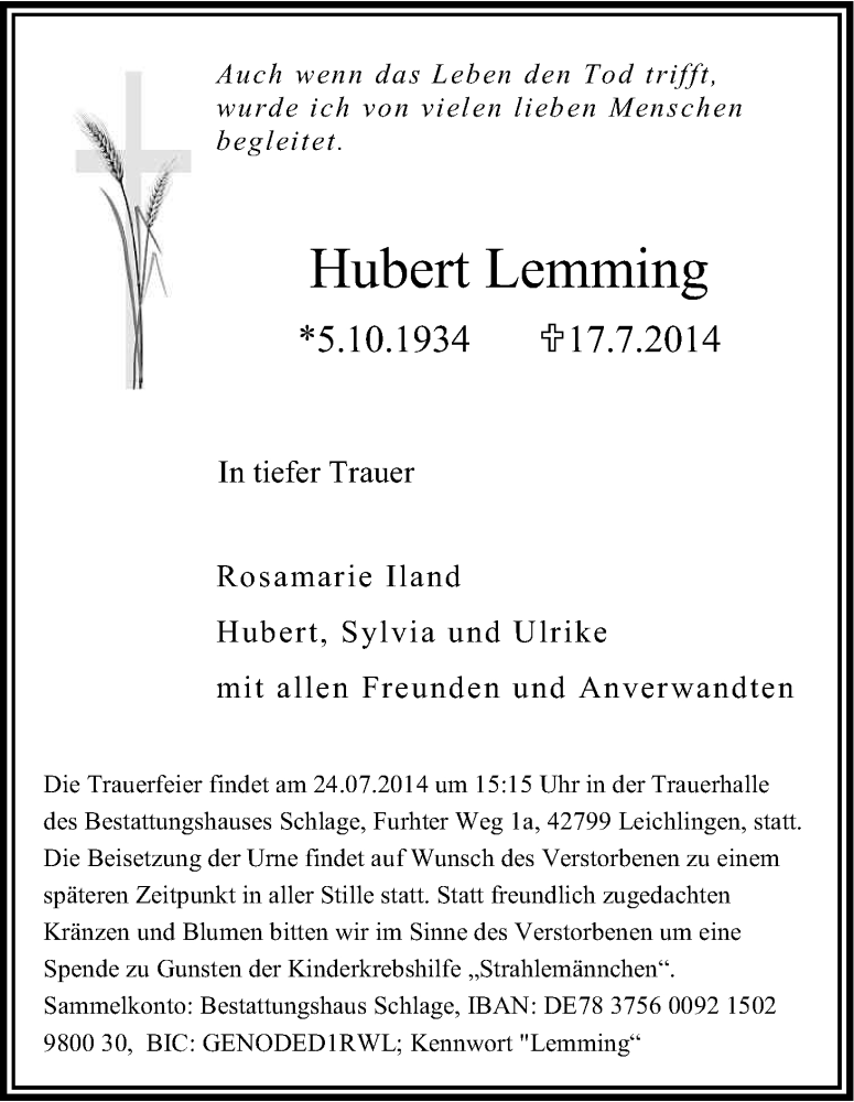  Traueranzeige für Hubert Lemming vom 21.07.2014 aus Kölner Stadt-Anzeiger / Kölnische Rundschau / Express