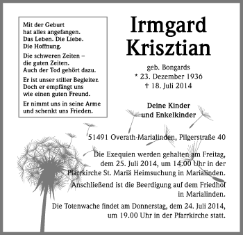 Anzeige von Irmgard Krisztian von Kölner Stadt-Anzeiger / Kölnische Rundschau / Express