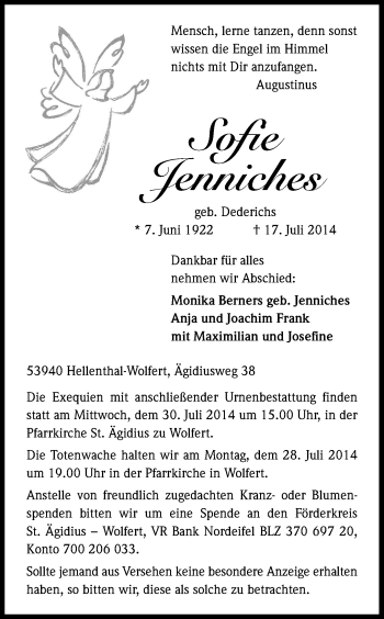 Anzeige von Sofie Jenniches von Kölner Stadt-Anzeiger / Kölnische Rundschau / Express