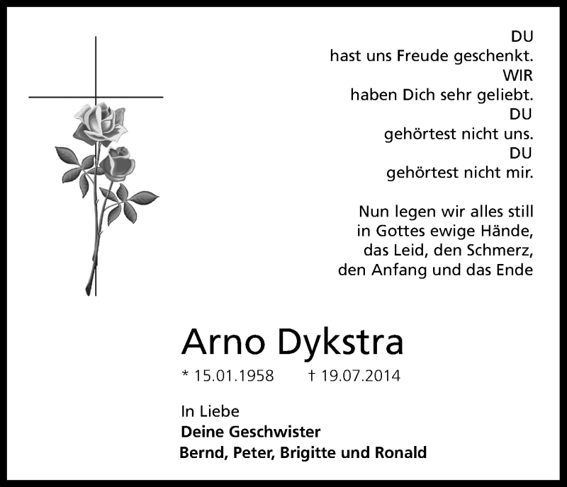  Traueranzeige für Arno Dykstra vom 22.07.2014 aus Kölner Stadt-Anzeiger / Kölnische Rundschau / Express