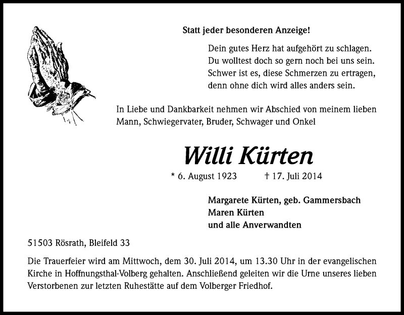  Traueranzeige für Willi Kürten vom 26.07.2014 aus Kölner Stadt-Anzeiger / Kölnische Rundschau / Express