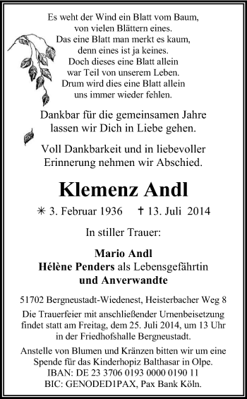 Anzeige von Klemenz Andl von Kölner Stadt-Anzeiger / Kölnische Rundschau / Express